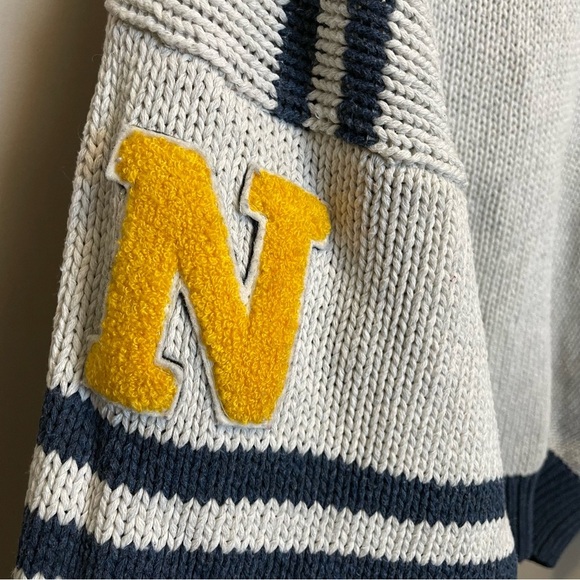 Vintage V-Neck Sweater with Navy Stripes & Compass Arm Patches - Picture 2 of 9